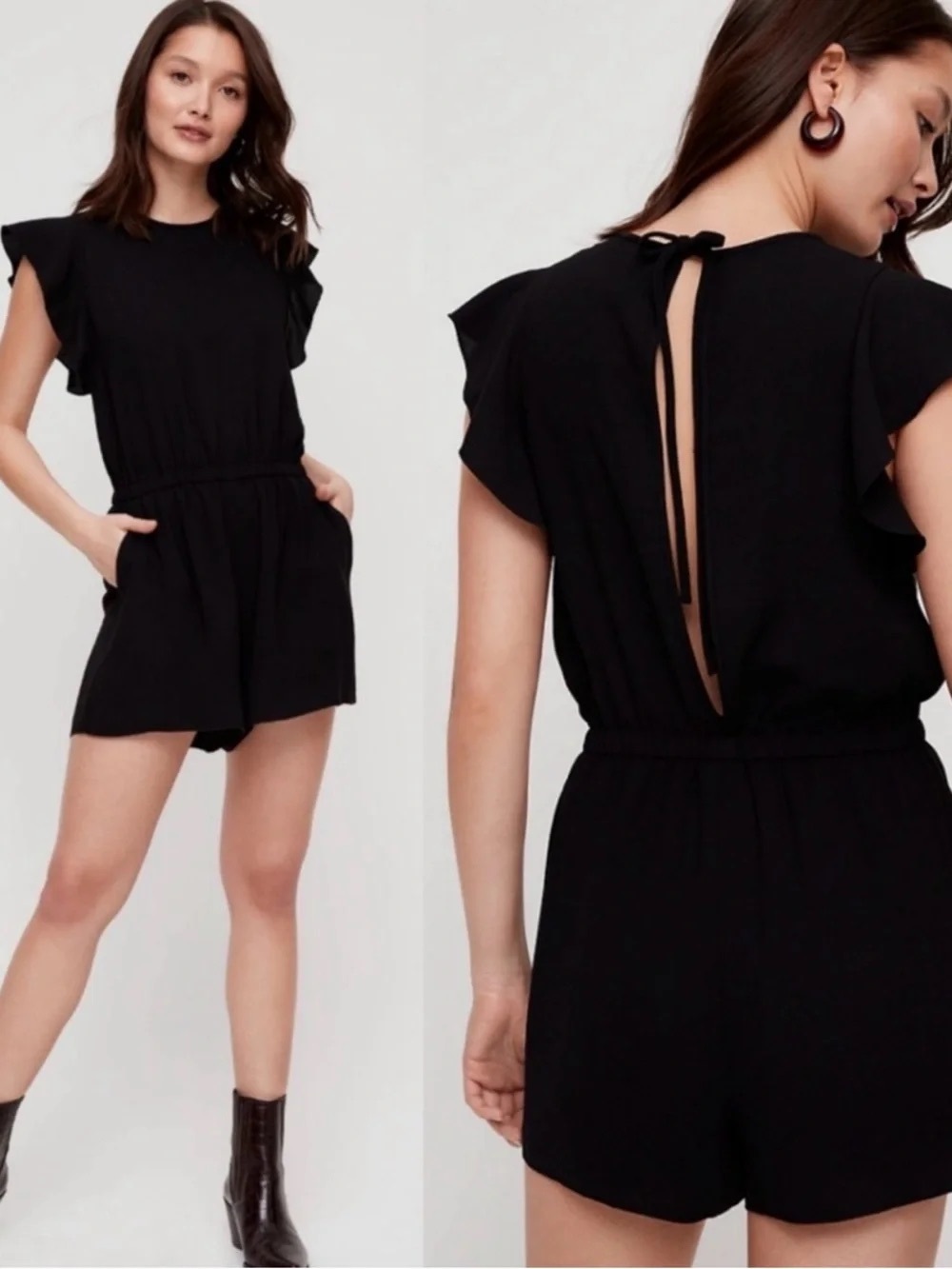 Aritzia Black Flutter-Sleeve Romper with Back Tie